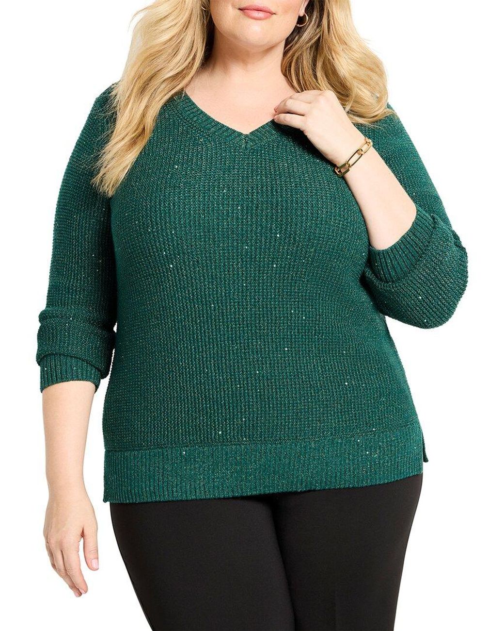 NIC+ZOE Green Plus Shimmer Waffle V-Neck Sweater