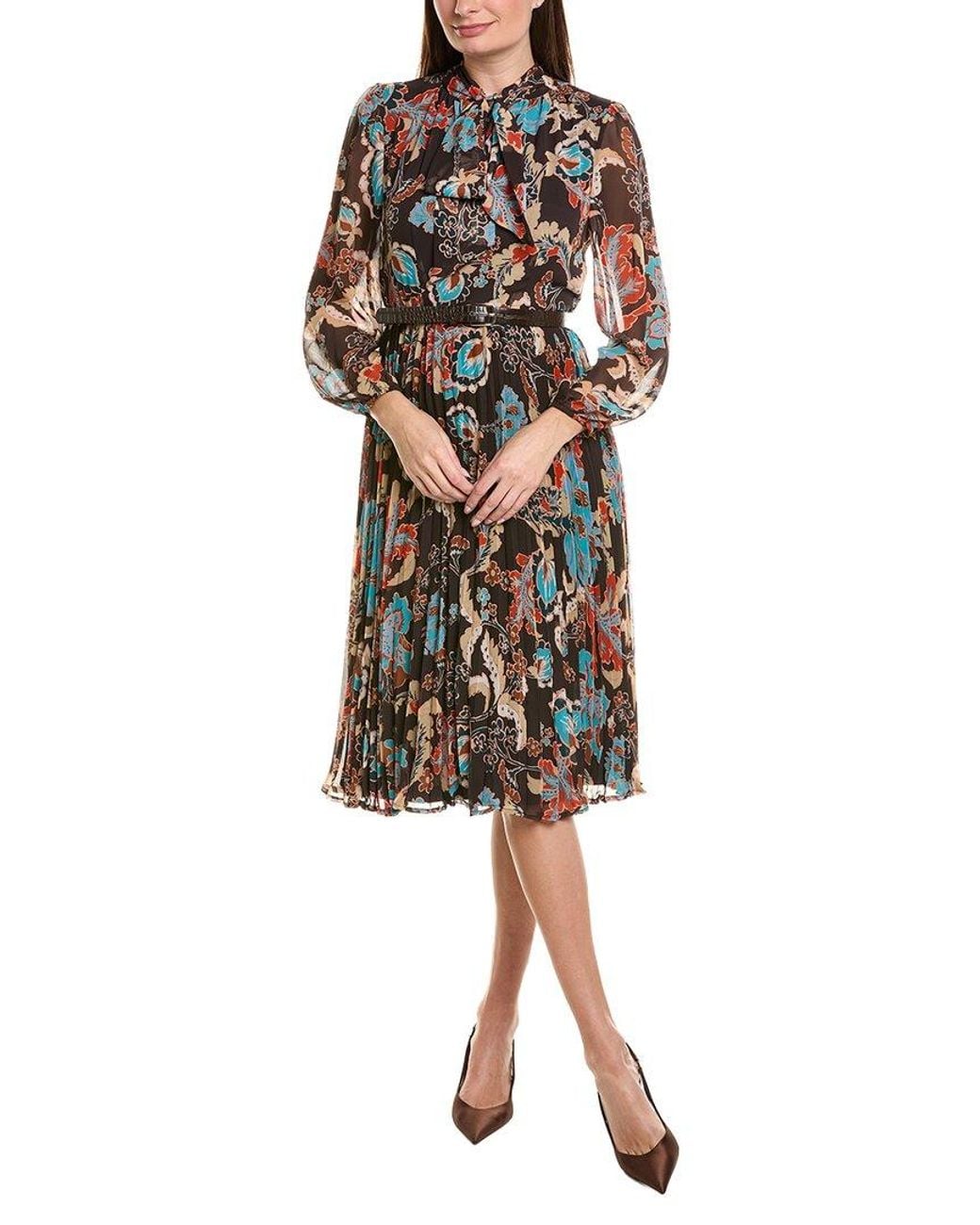Tahari Brown Long Sleeve Midi Dress