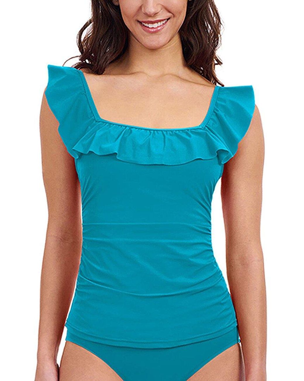 Gottex Blue Tutti Frutti Square Neck Ruffle Tankini