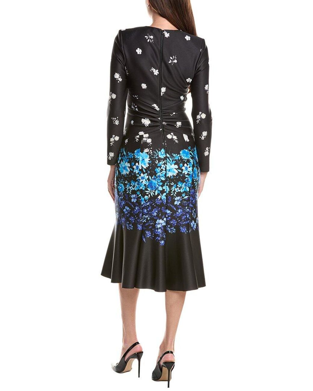 Teri Jon Black Scuba Floral Ruched Midi Dress