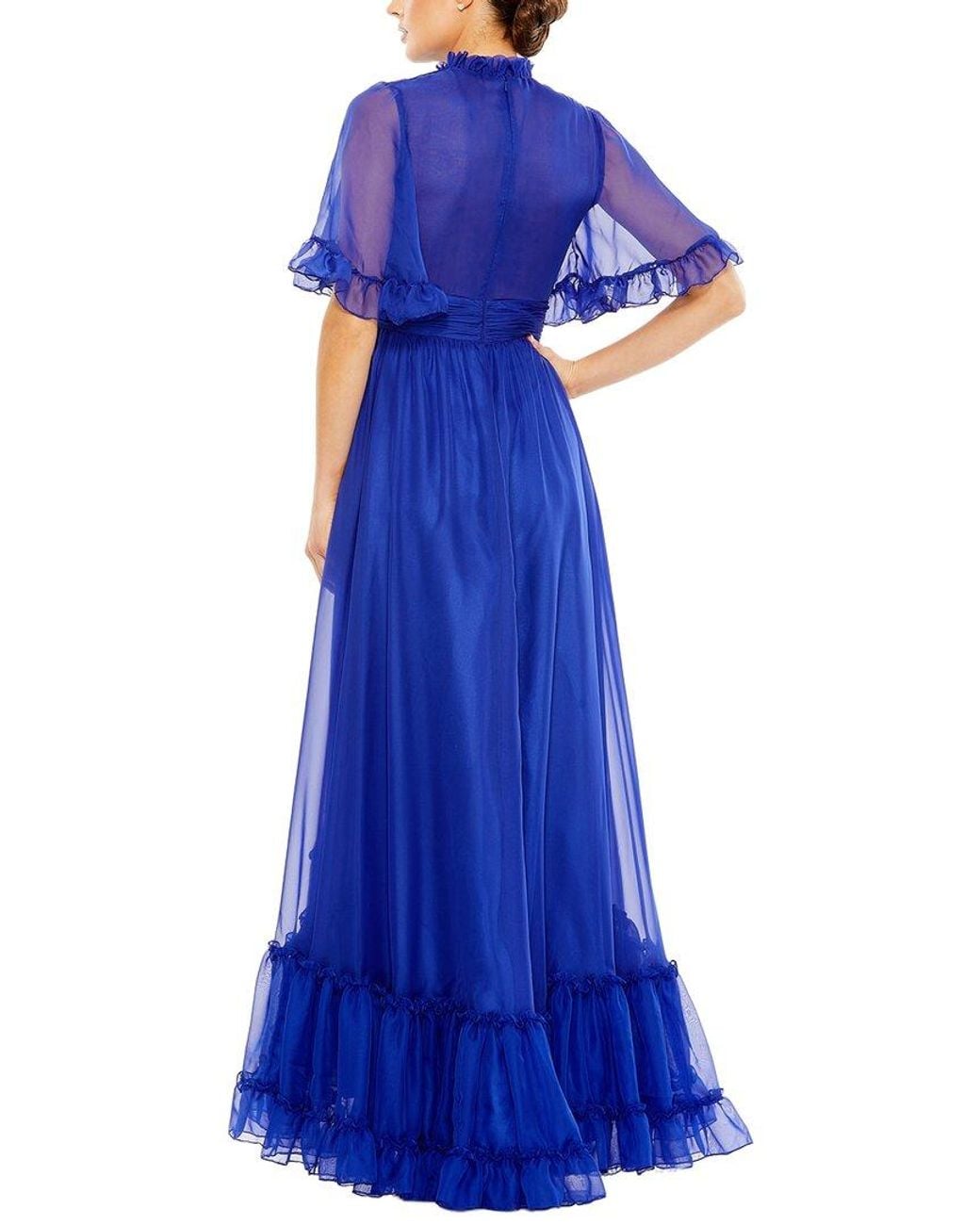 Mac Duggal Blue High Neck Flutter Sleeve High Low Hem Gown