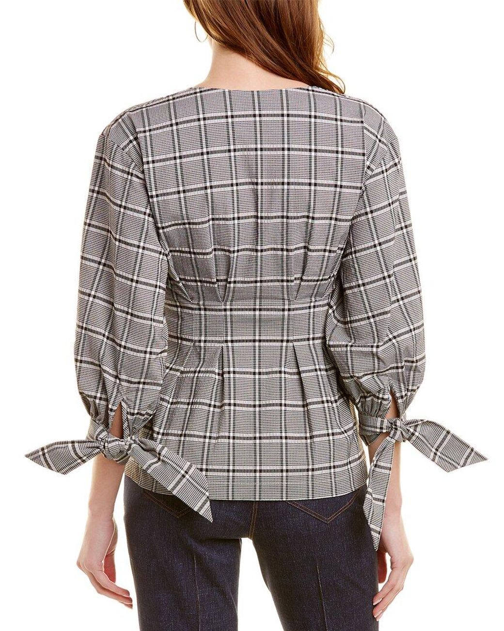 PEARL BY LELA ROSE Gray Seersucker Plaid Top