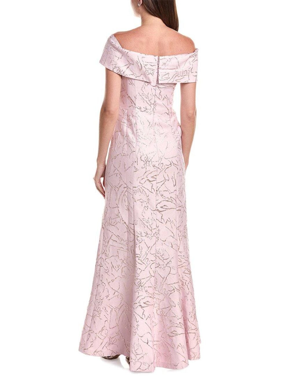 Teri Jon Pink Jacquard Asymmetrical Off-Shoulder Side Bow Godet Gown