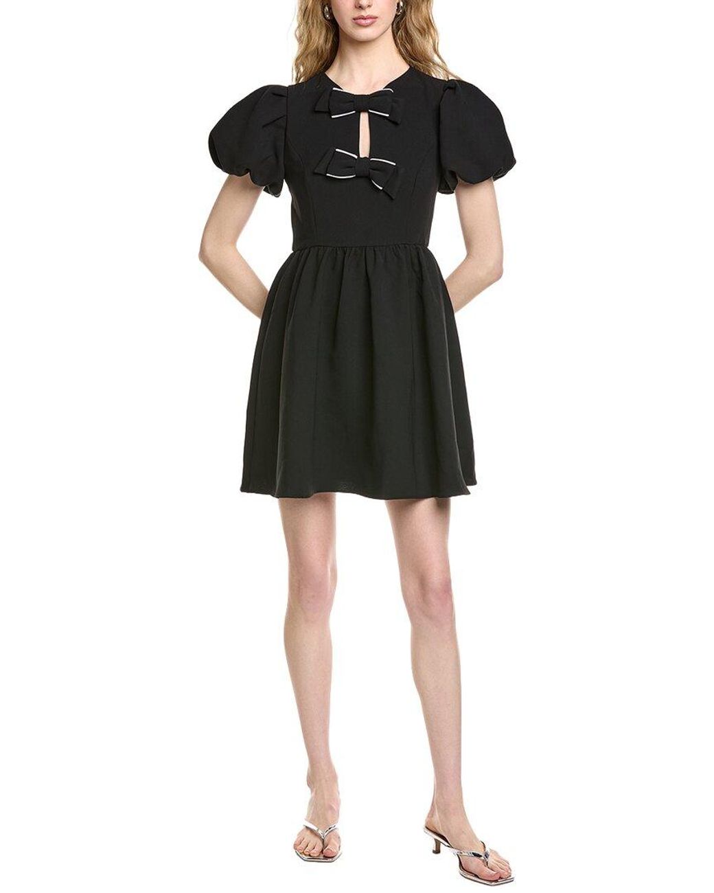 Cece Black Puff Sleeve Bow A-Line Dress