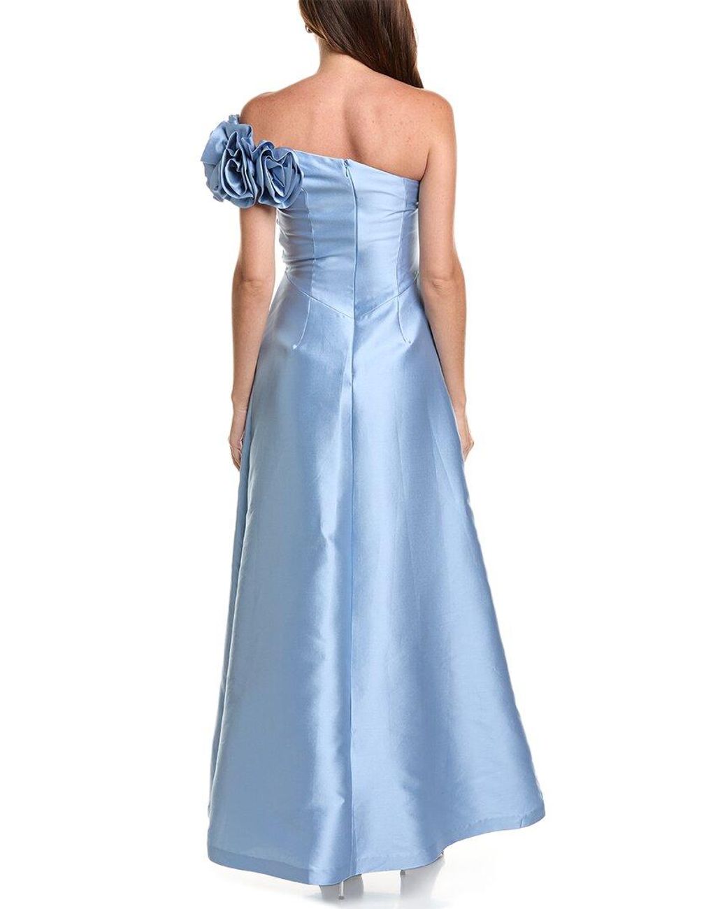 Teri Jon Blue Mikado Flower One-Shoulder Bead Applique Gown
