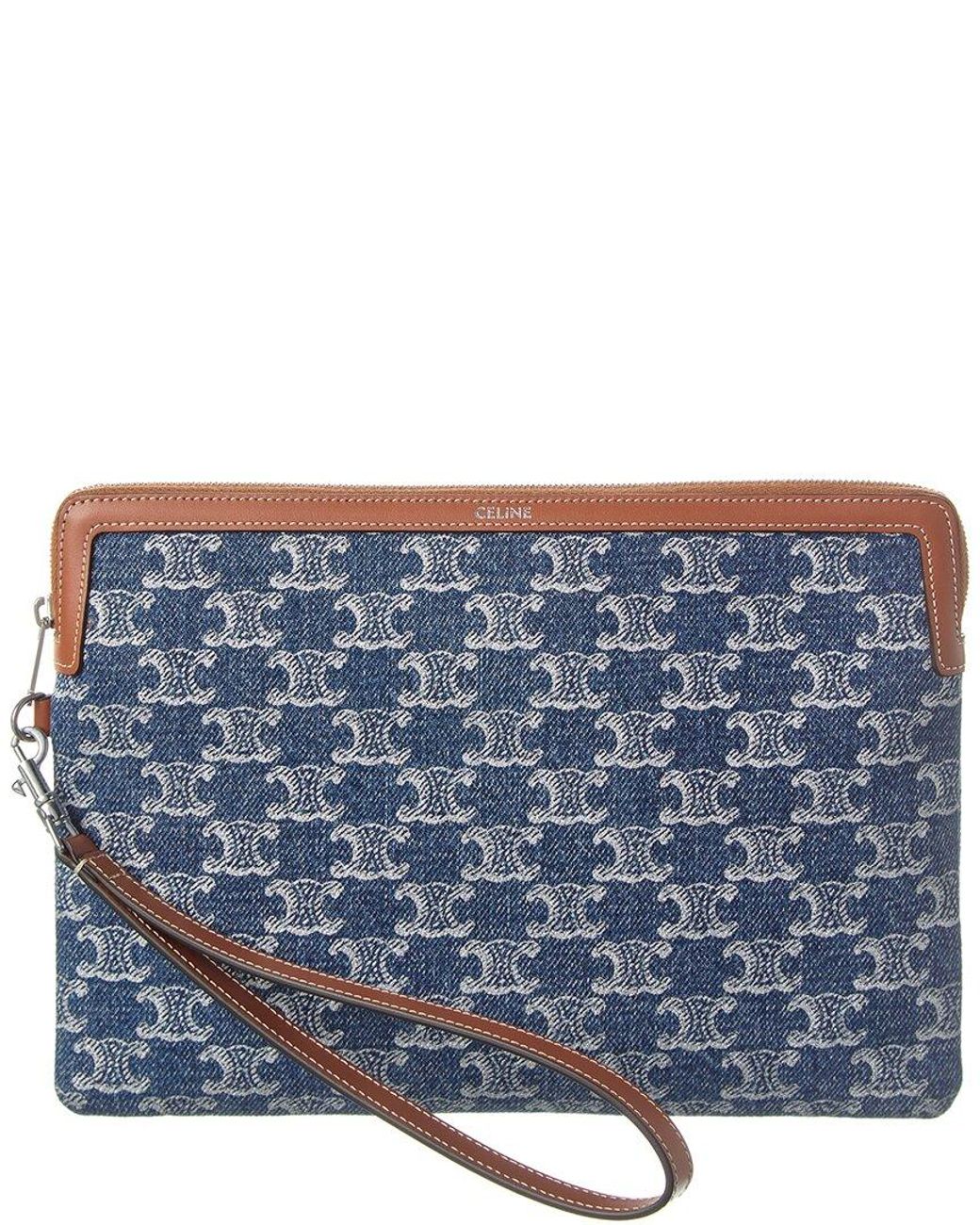 Celine Signature Triomphe Canvas Leather Pouch in Blue Lyst
