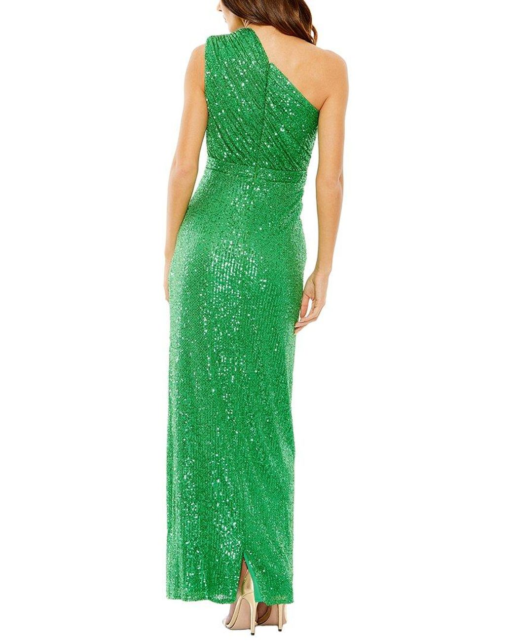 Mac Duggal Green Sequined Ruched One Shoulder Gown