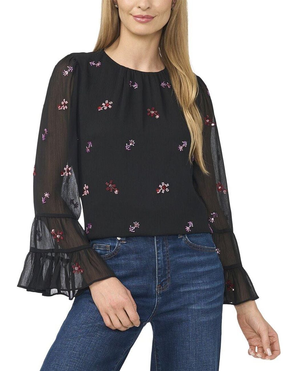 Cece Black Beaded Double Ruffle Cuff Blouse