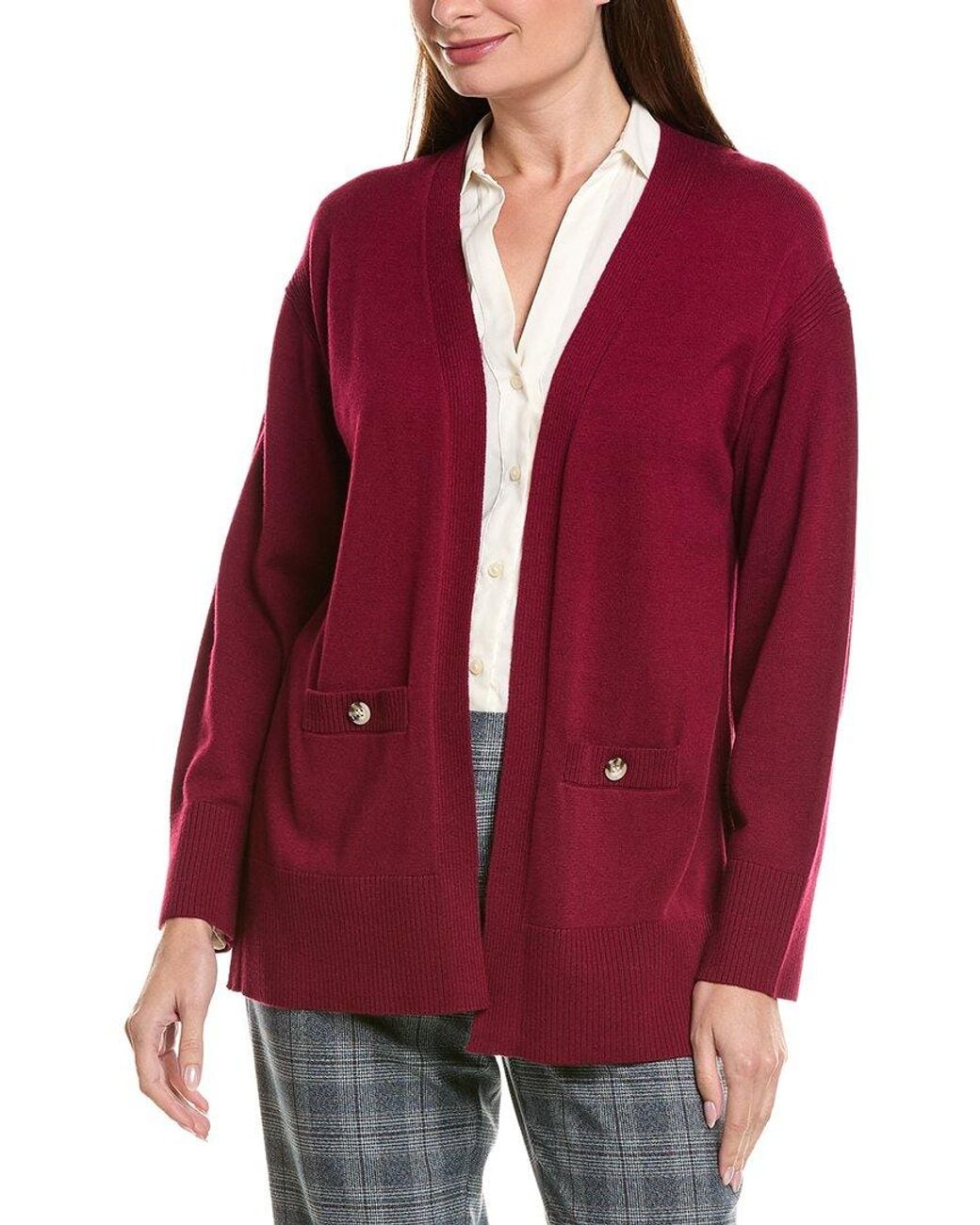 Jones New York Red Side Slit Wool-Blend Cardigan