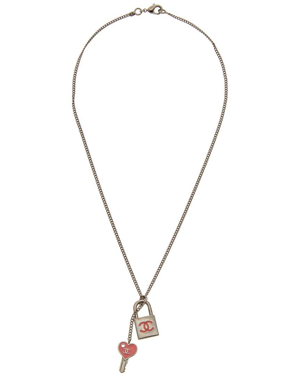 Chanel Silver-tone Pink Enamel Lock N Key Necklace in Metallic