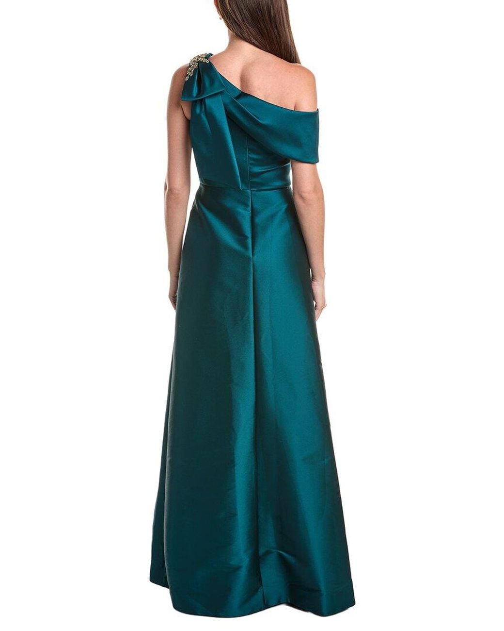 Teri Jon Green Mikado Asymmetrical Jewel Bow Shoulder Gown