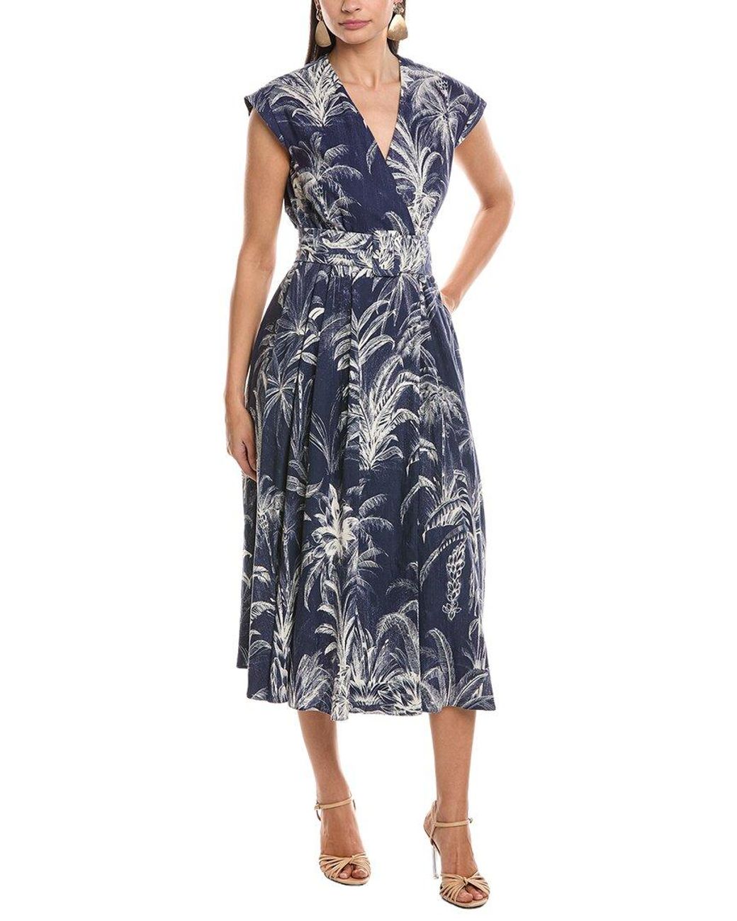 Marella Blue A-Line Belted Linen-Blend Wrap Dress