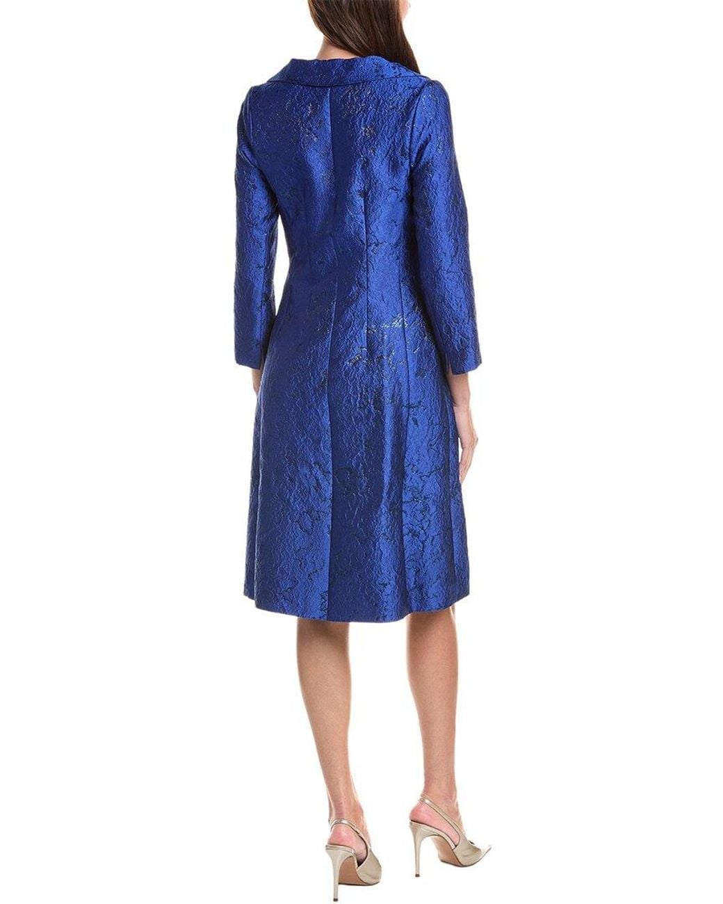 Teri Jon Blue Metallic Jacquard Coat Dress