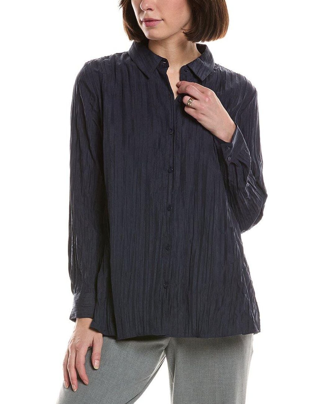 Eileen Fisher Blue Petite Silk Pleated Shirt