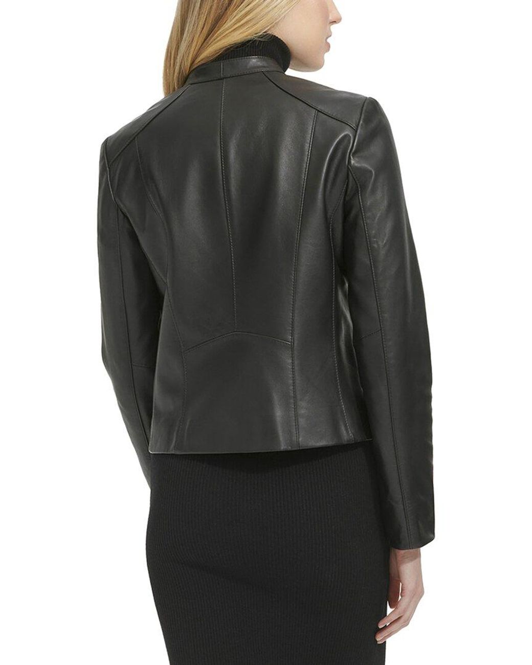 Cole Haan Gray Leather Stand Collar Racer Jacket