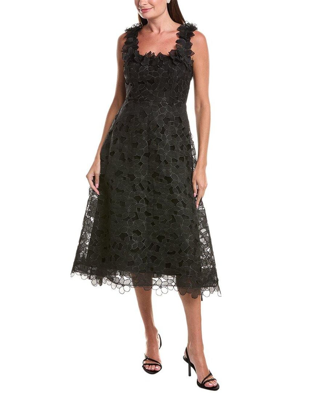 Teri Jon Black Organza Lace 3D A-Line Dress