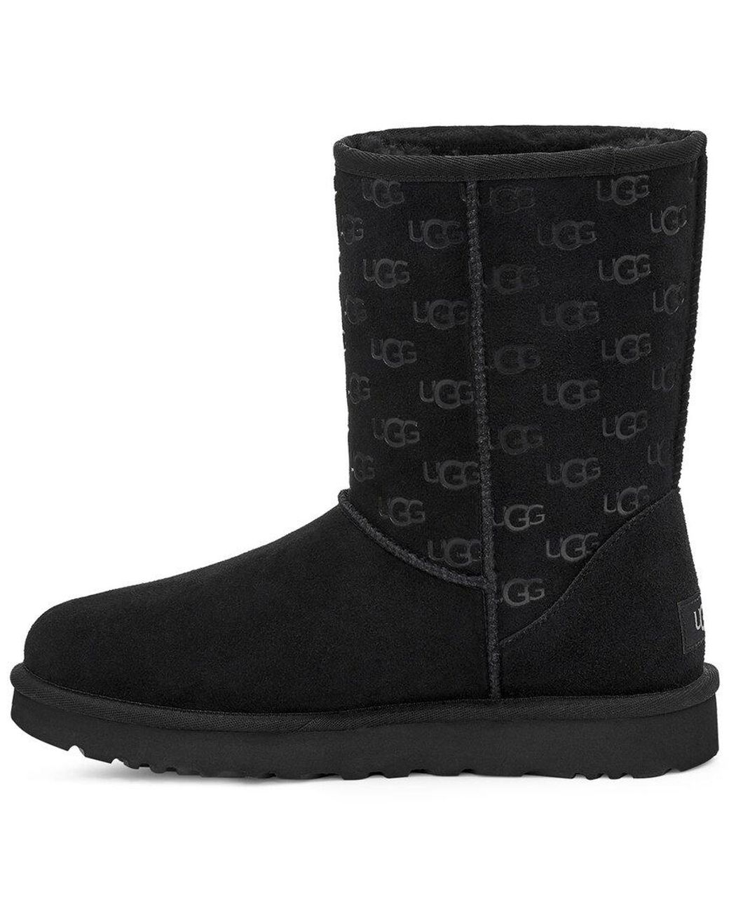 UGG Classic Short Embossed Logo Suede & Leather Classic Boot in Black