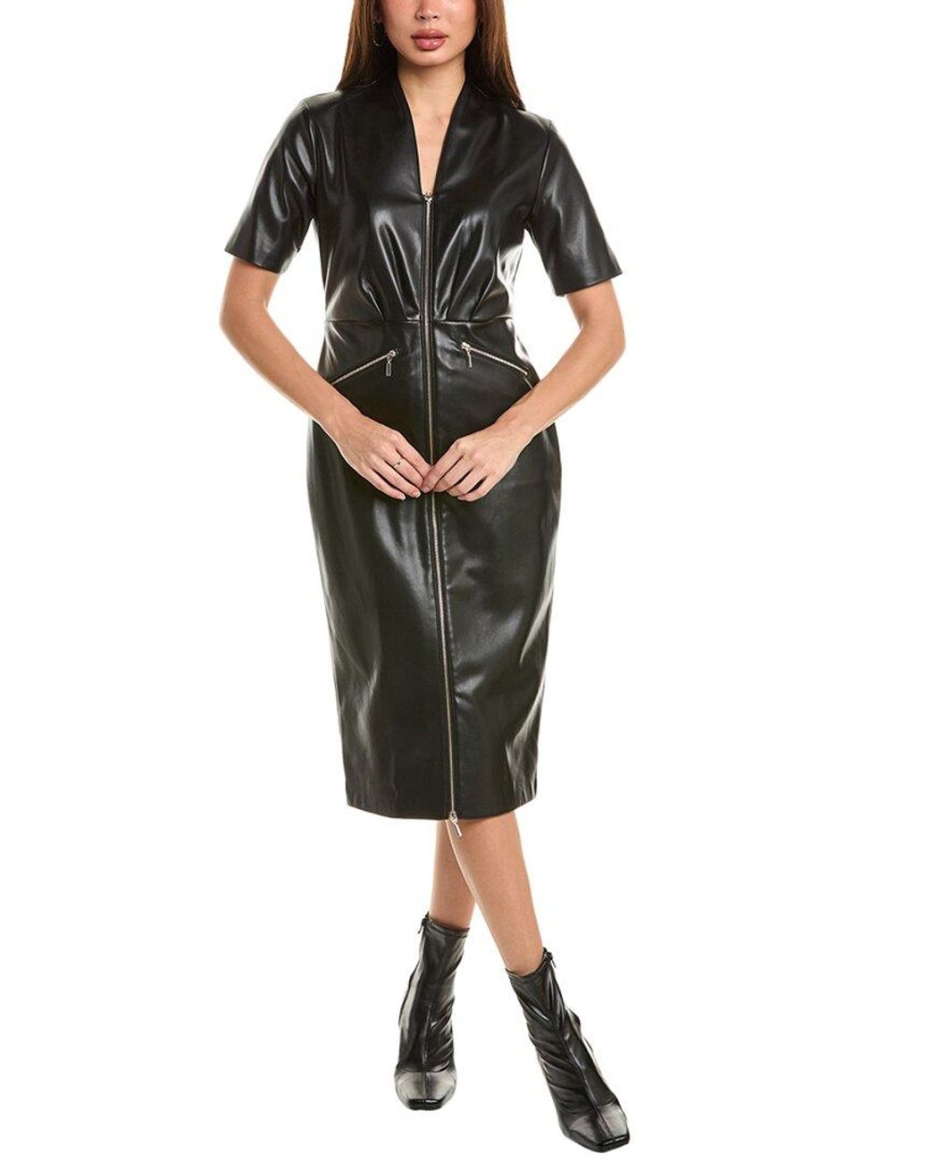 Tahari Black Faux Leather Midi Dress