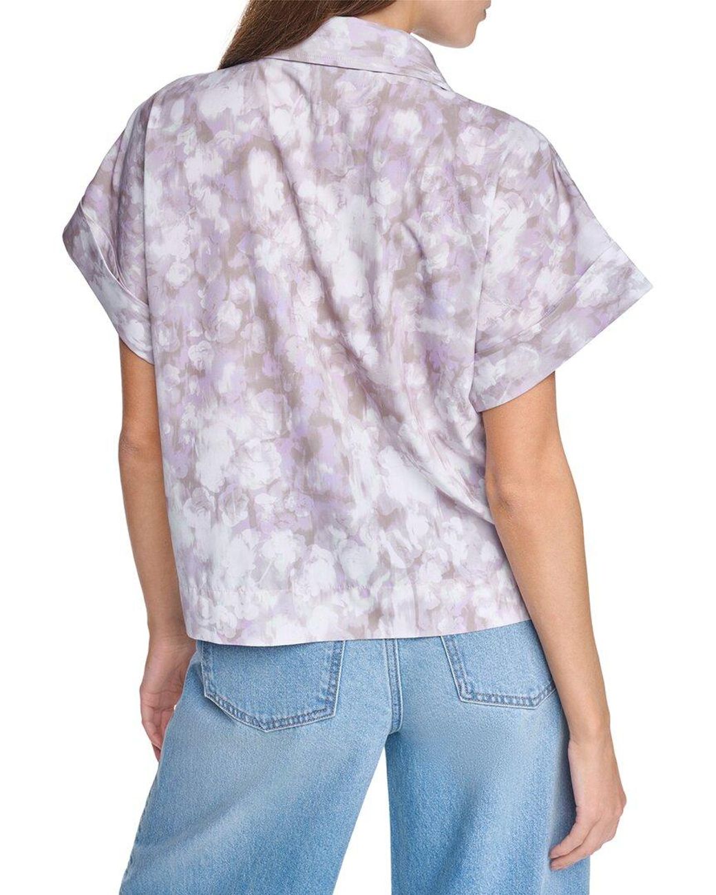 Halston Heritage Blue Printed Short Sleeve Button Up Shirt