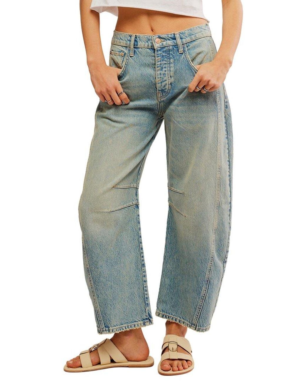 Free People Blue Good Luck Mid Rise Barrel Jean