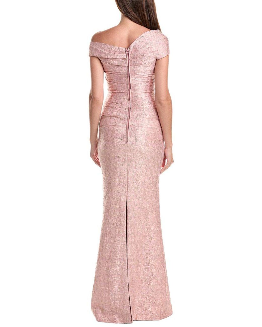 Teri Jon Pink Metallic Jacquard Off-Shoulder Pleated Gown