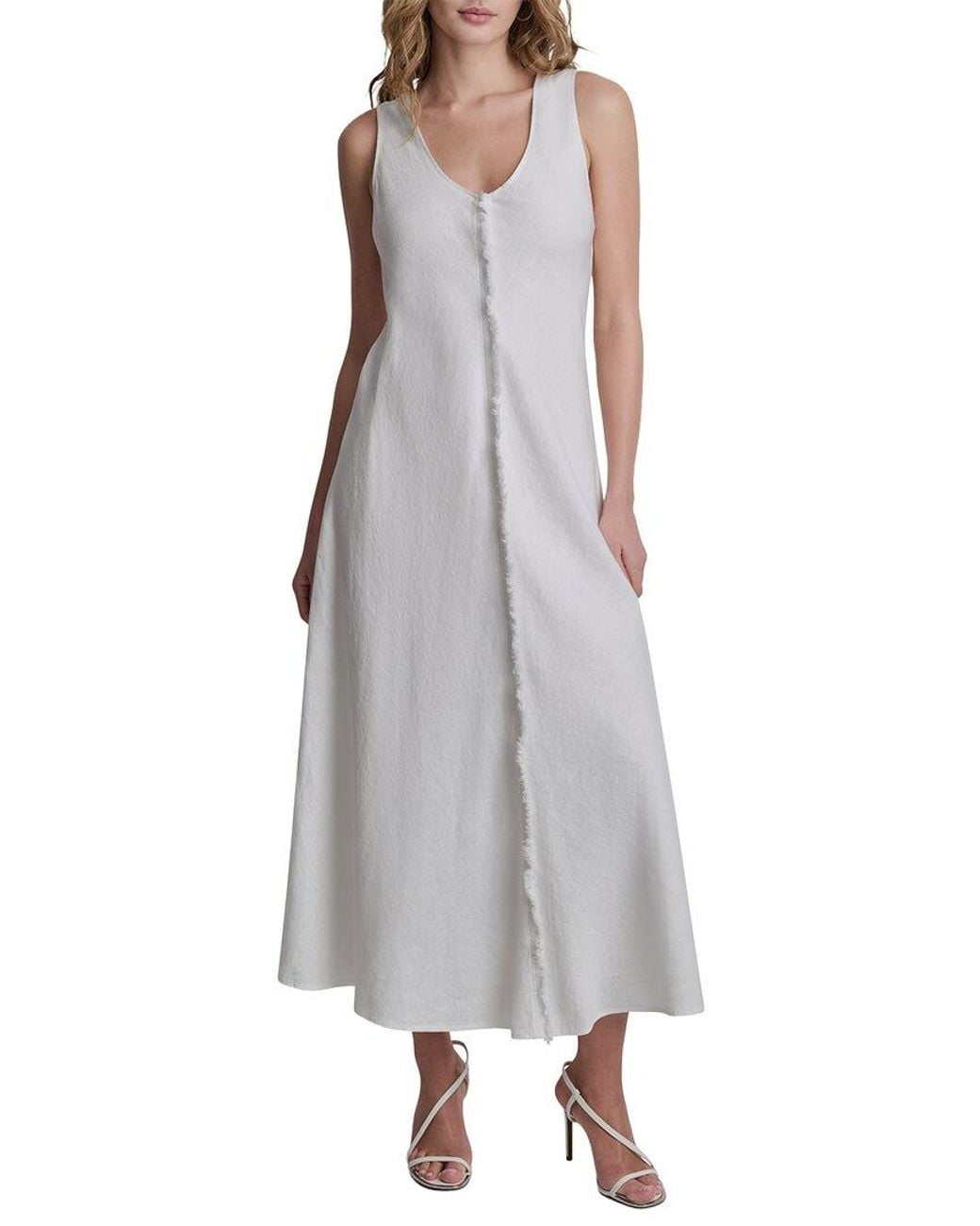 DKNY Gray V-Neck Fray Seam Linen Dress