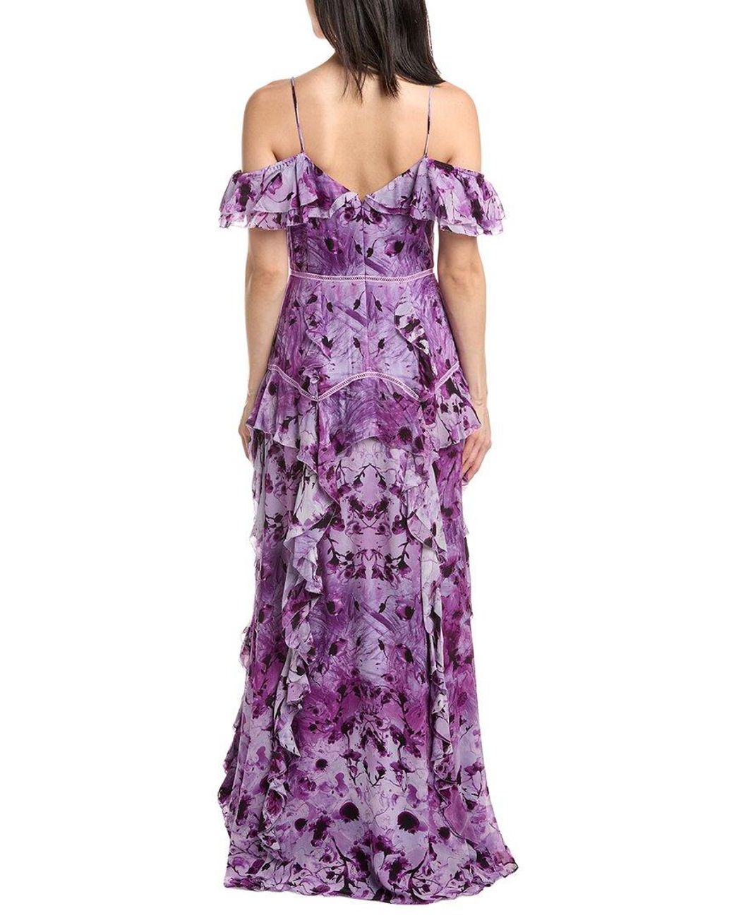 Marchesa Purple Off-The-Shoulder Ruffled Neckline Gown