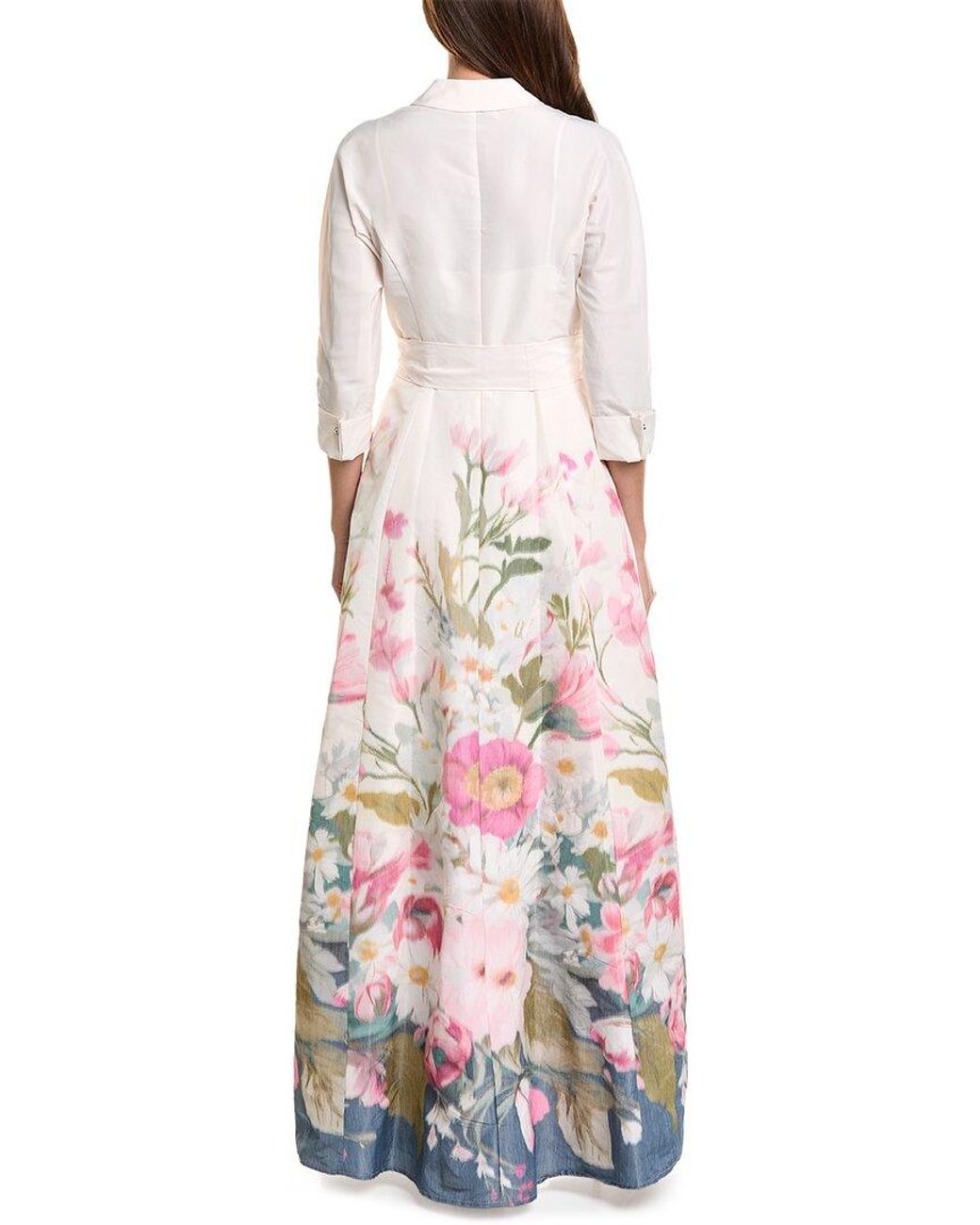 Teri Jon White Taffeta Digital Placement Print Shirt Gown