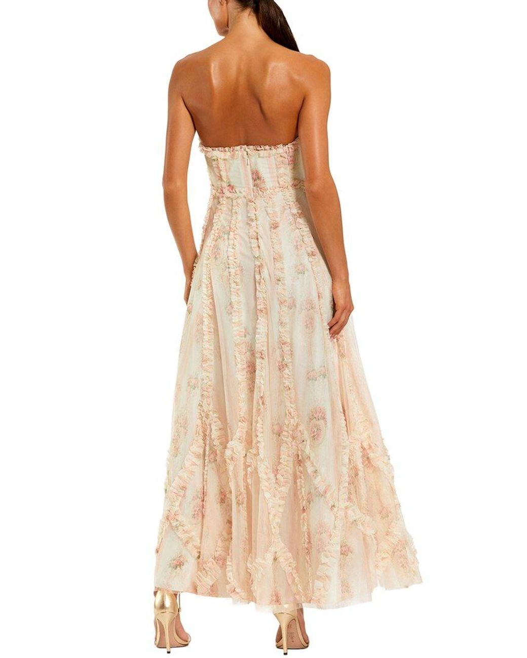 Mac Duggal Natural Mesh Micro Ruffle Strapless Gown