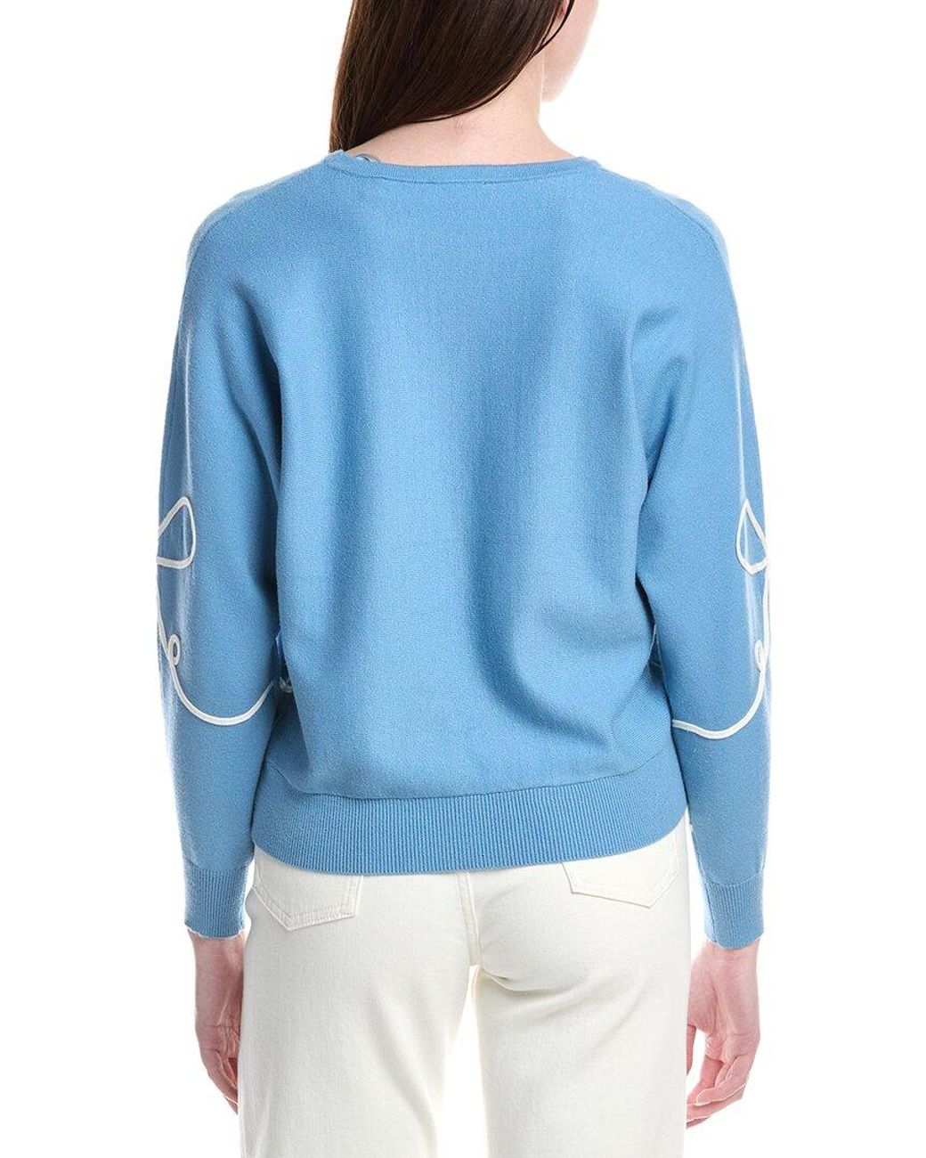 Tahari Blue Jersey Flower Embroidered Top