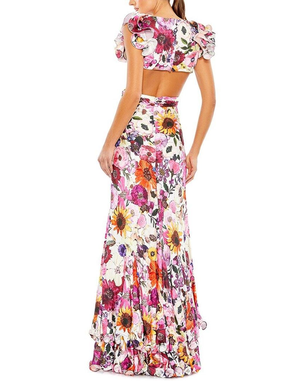 Mac Duggal Red Floral Print Ruffle Shoulder Cutt Out Gown