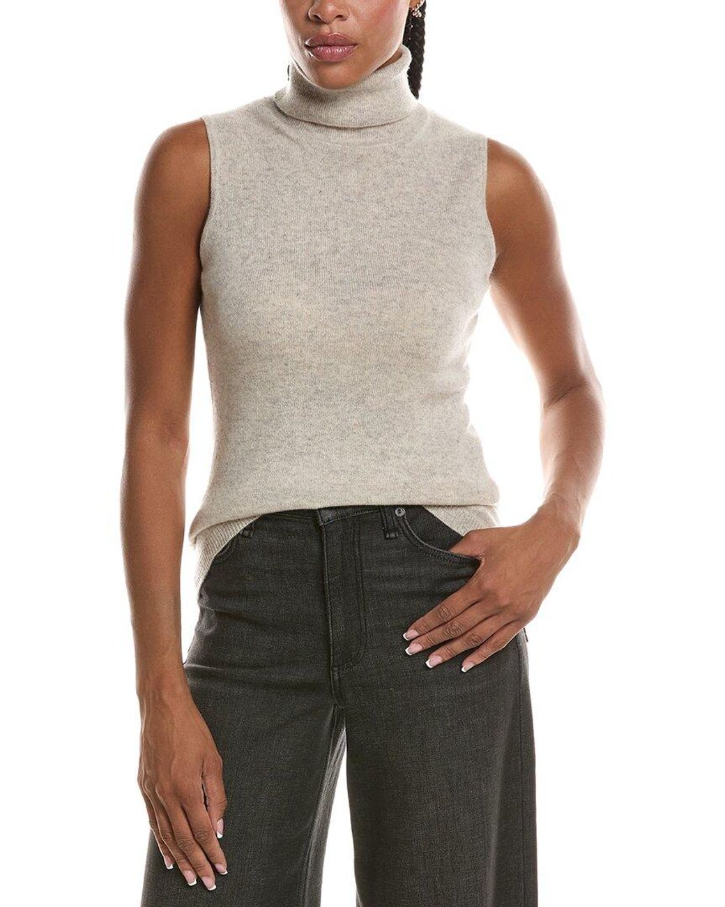 Forte Gray Basic Sleeveless Turtleneck 100% Cashmere Sweater