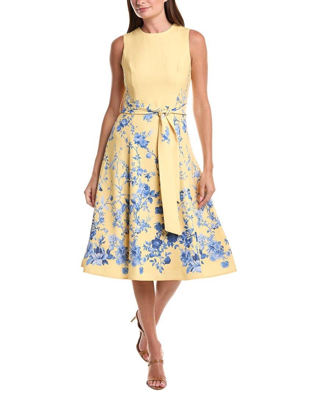 Teri Jon Yellow Crepe Floral Border Print Belted Dress