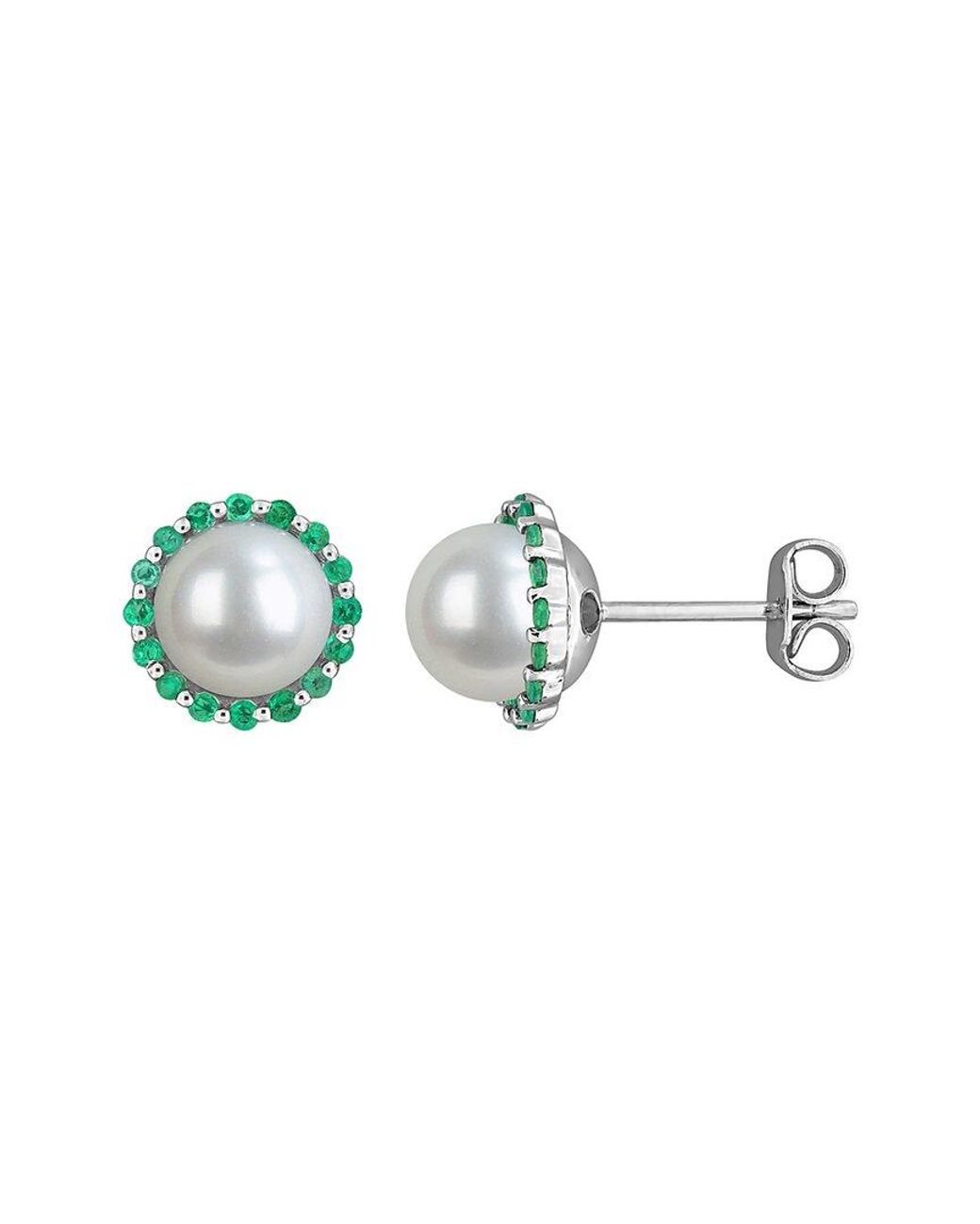 Rina Limor Blue 0.38 Ct. Tw. Lab-Grown Emerald & 7-7.5 Mm Pearl Halo Stud Halo Stud