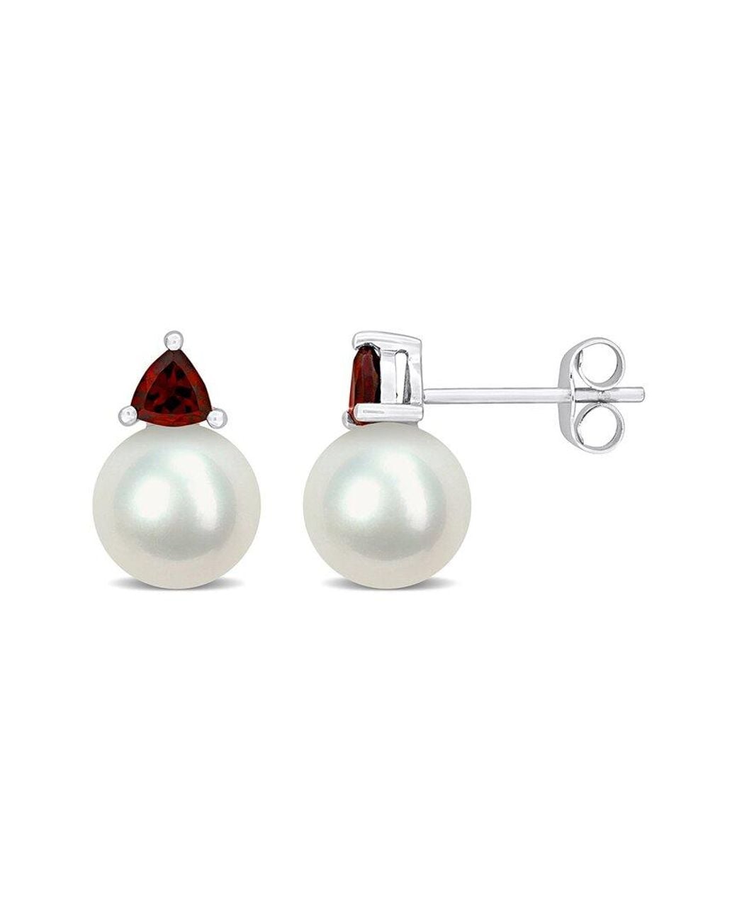 Rina Limor White 10k 0.62 Ct. Tw. Garnet & 8-8.5mmmm Pearl Studs