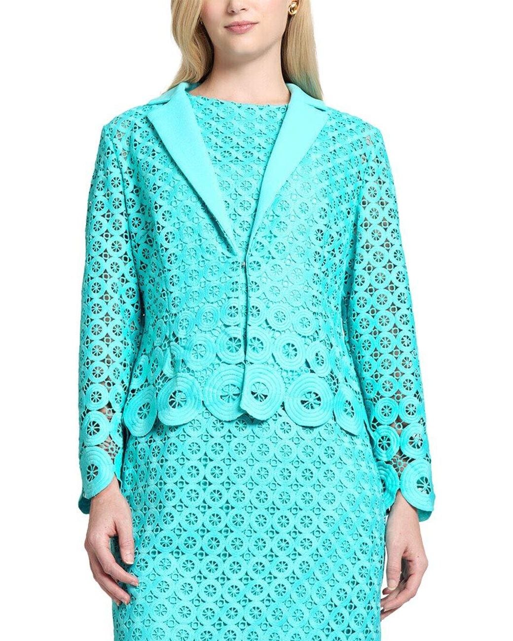 Ming Wang Blue Geometric Lace Cutout Woven Jacket