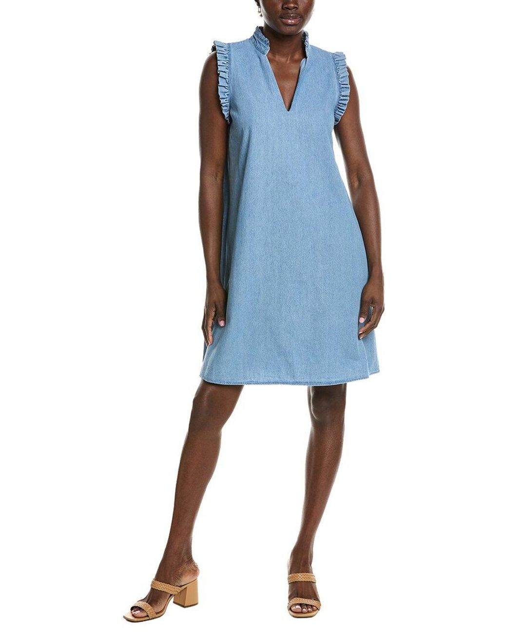 Jones New York Ruffle Chambray Trapeze Dress in Blue