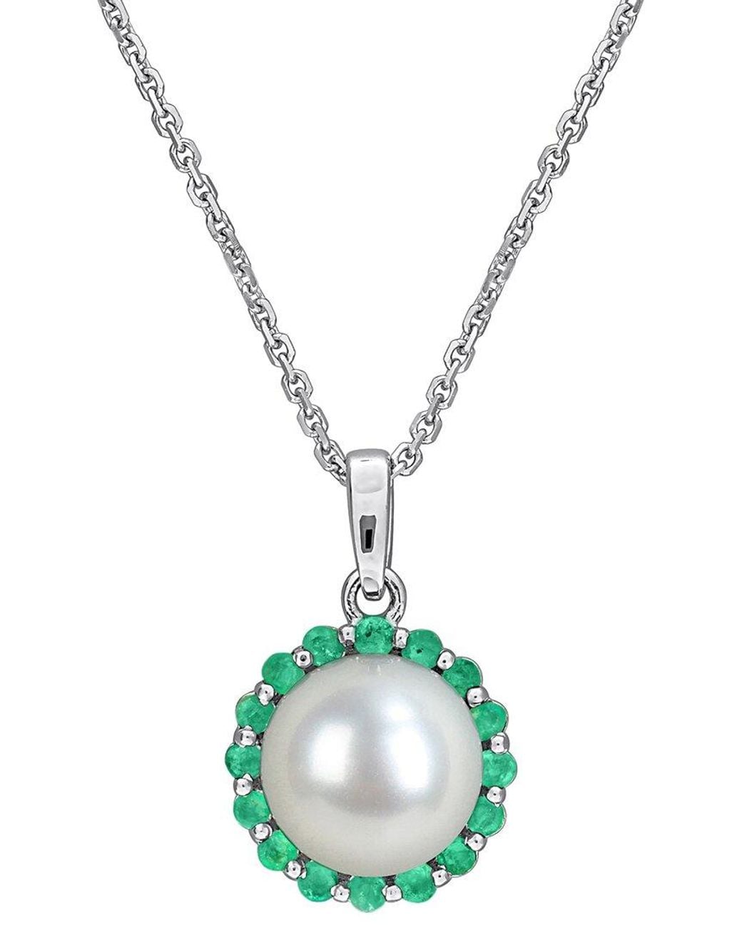 Rina Limor Metallic 0.32 Ct. Tw. Lab-Grown Emerald & 8-8.5 Mm Pearl Halo Necklace