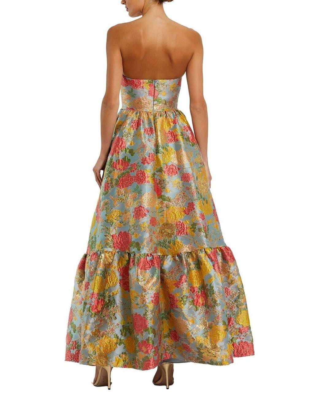 Mac Duggal Yellow Strapless Floral Brocade Dress