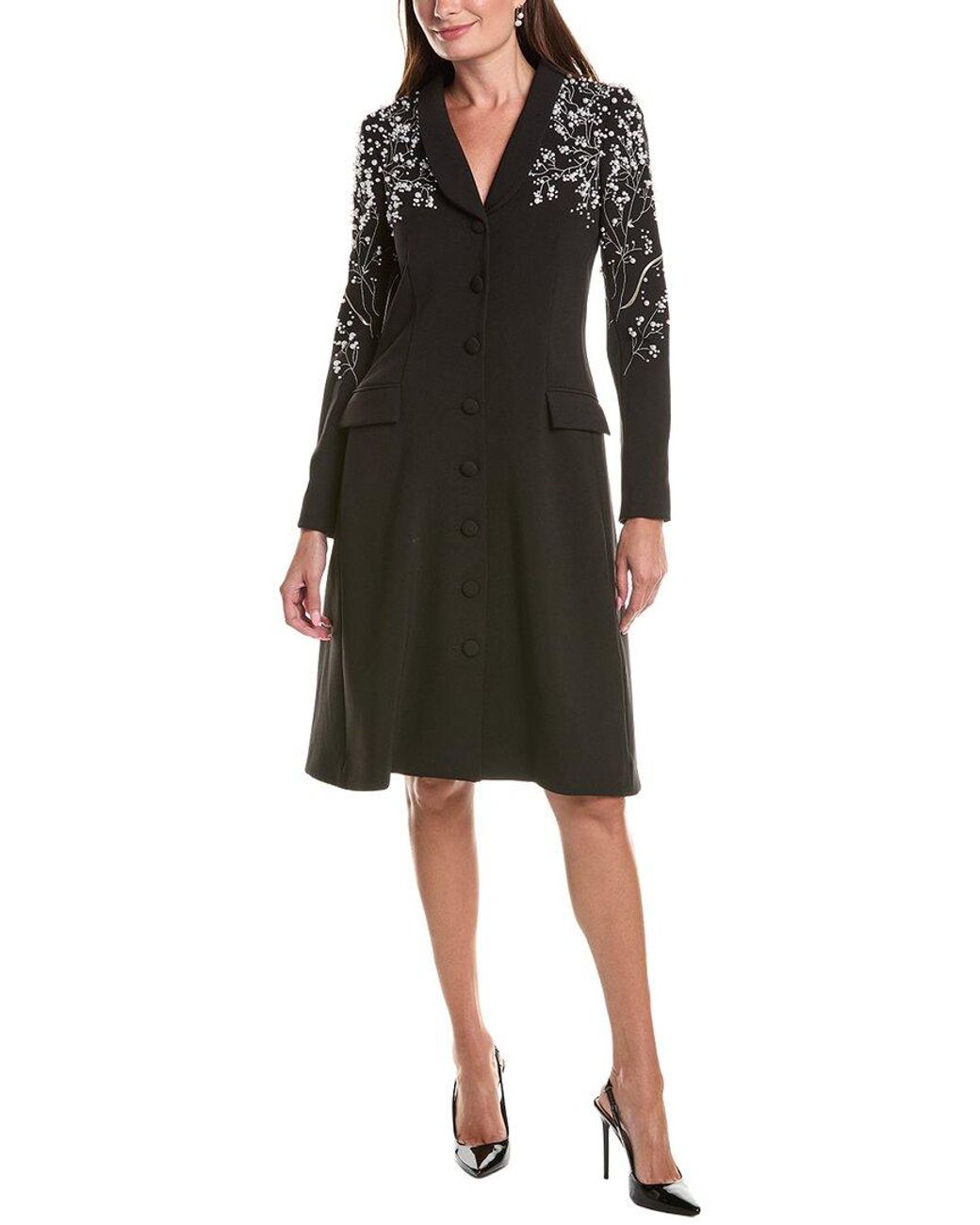Teri Jon Black Crepe Pearl Floral Applique Blazer Dress