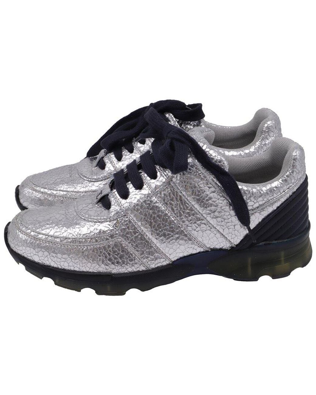 Chanel Gray Calfskin Leather Cc Crackled Accent Sneaker (Authentic Pre- Loved)