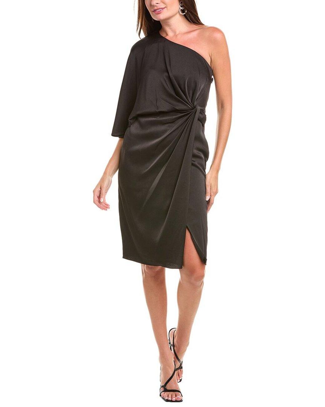Aidan Mattox Black One-Shoulder Cape Sleeve Sheath Dress