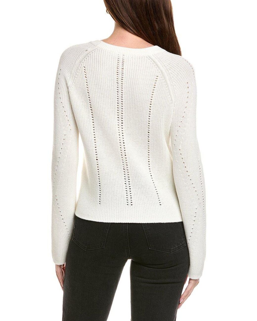 Hannah Rose White Picot Stitch Shaker Crewneck Cashmere-Blend Sweater