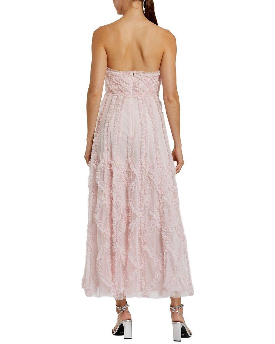 Mac Duggal Pink Mesh Micro Ruffle Strapless A Line Ankle Dress