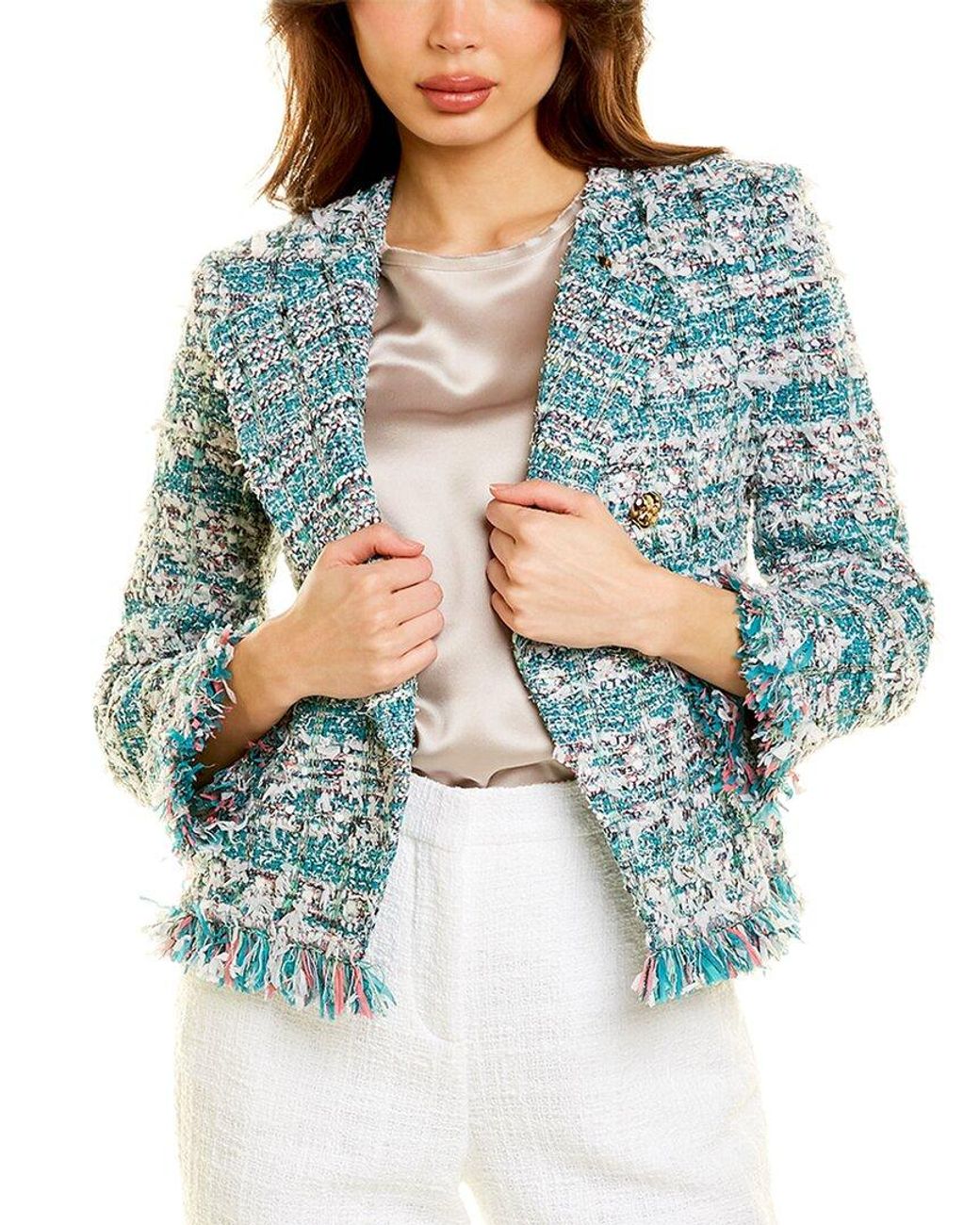 St. John Double-breasted Fringe Knit Jacket in Green | Lyst