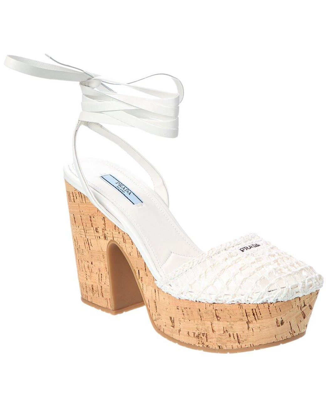 Prada White Raffia & Leather Platform Sandal