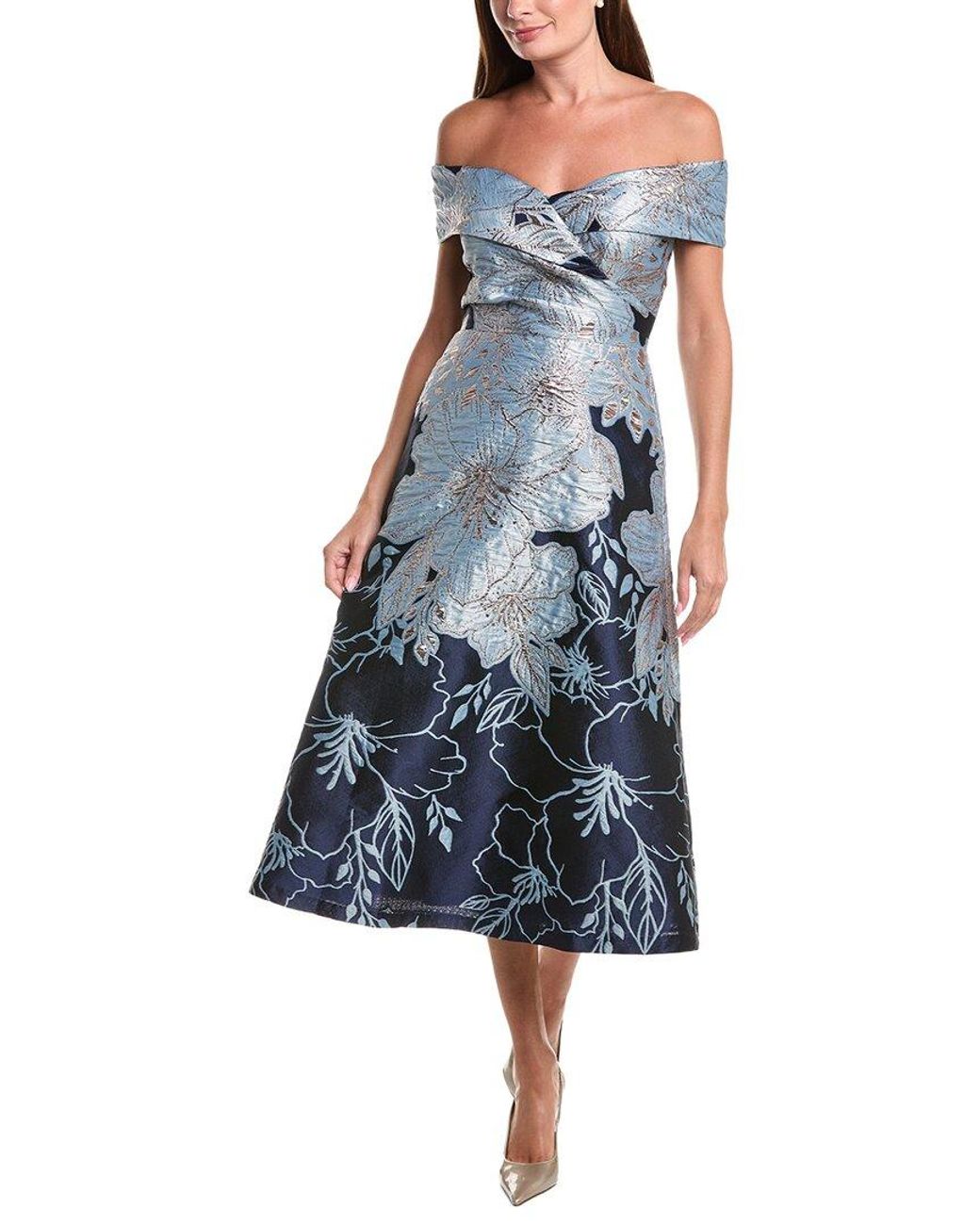 Teri Jon Blue Metallic Jacquard Floral Off-Shoulder Fit N Flare Midi Dress