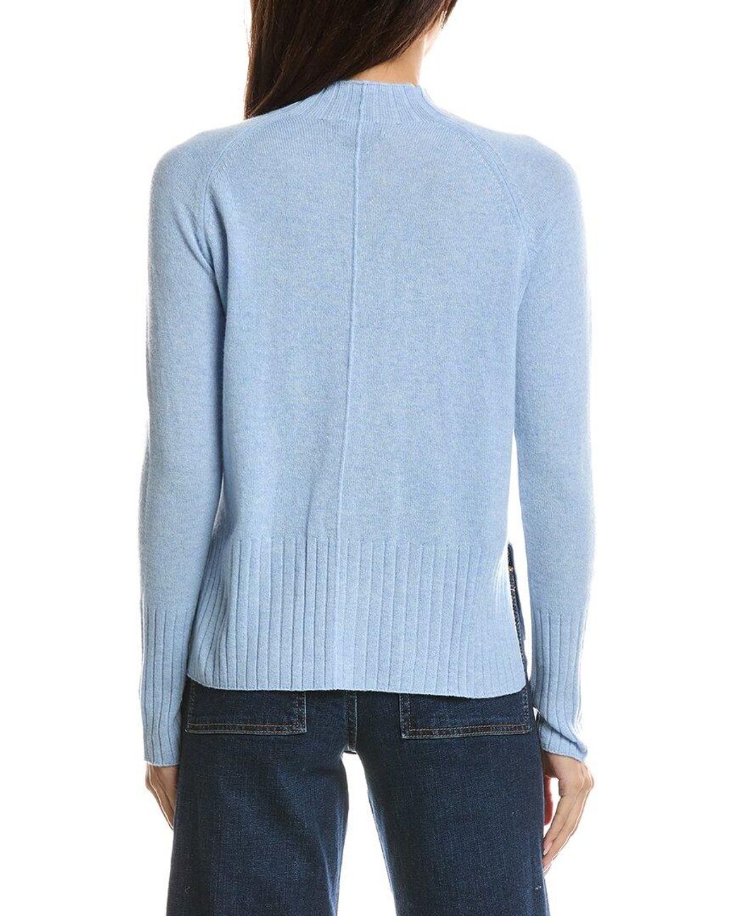 Forte Blue Hi Low Rib Trim Funnel Neck 100% Cashmere Sweater