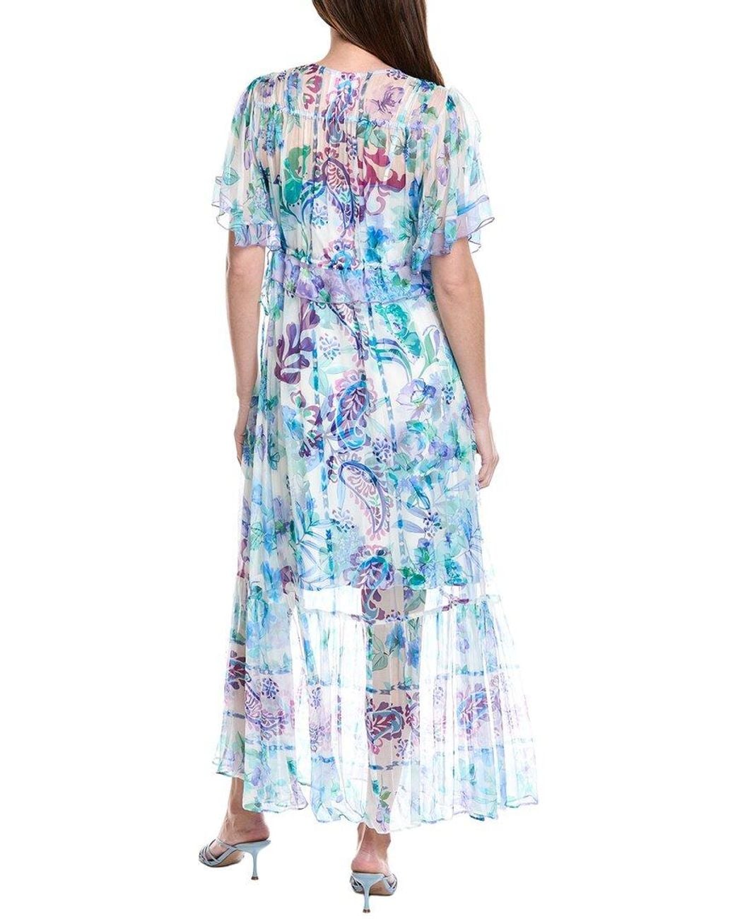 Johnny Was Blue Annamarie Flutter Silk Maxi Dress