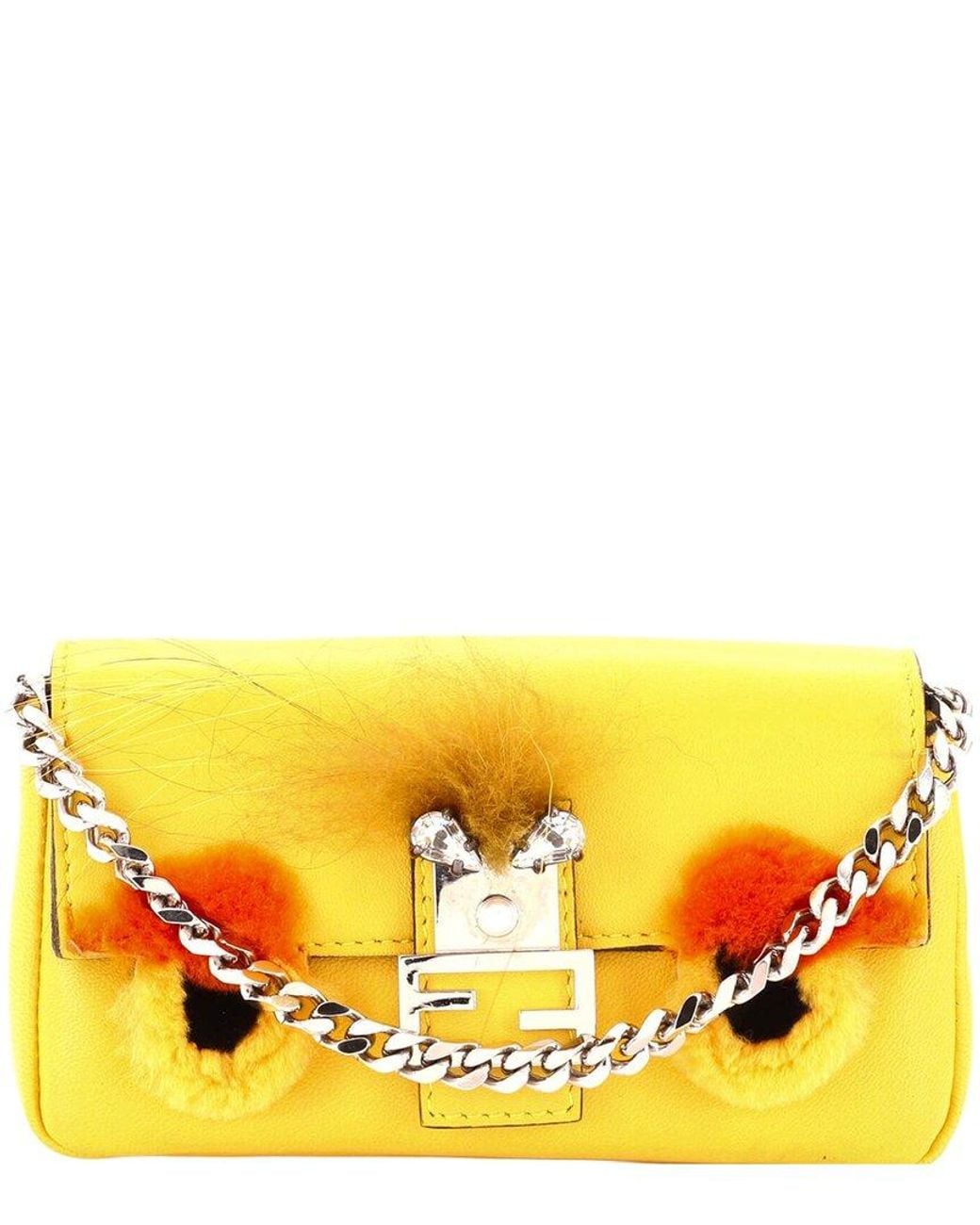Fendi Yellow Leather & Raccoon Fur Monster Baguette Micro (Authentic Pre- Loved)